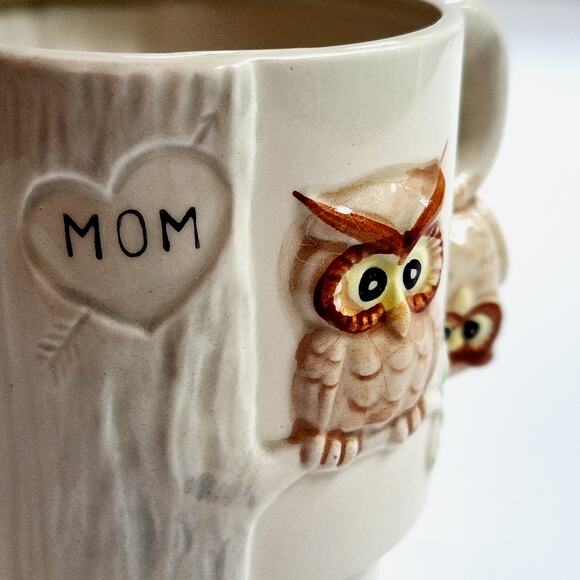 Vintage 1980s Enesco Owl Stacking Mug – 3D Ceramic Coffee Cup - Mom Tree Carving - Picture 10 of 13